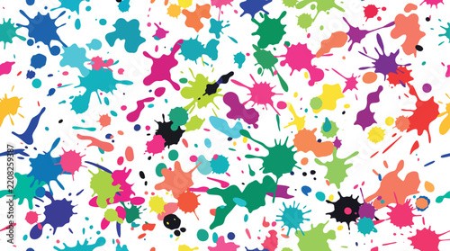 Colorful paint splatters create a vibrant abstract vector pattern on white