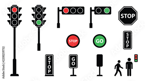 Traffic signs including stop sign and traffic lights in black silhouette