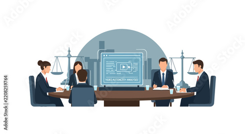 Legal Team Analyzing Video Authenticity in Conference Room Illustration