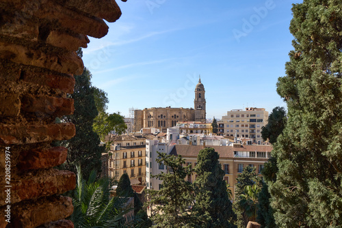 Malaga Cathedral and old town rooftops seen from Alcazaba