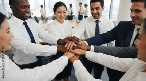 Professional diverse team stacking hands in unity for corporate celebration with transparent background