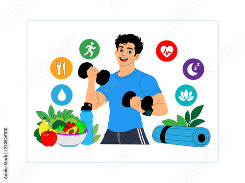 cartoon vector of a cheerful person exercising with dumbbells, smartwatch, healthy food, water bottle  wellness icons