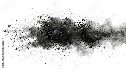 Explosion of black dust and debris isolated on white background