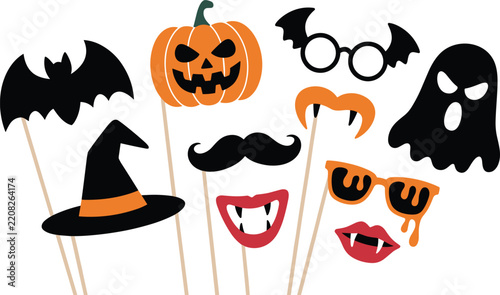 Halloween photo booth props vector set featuring pumpkin bat ghost witch hat and vampire lips party accessories