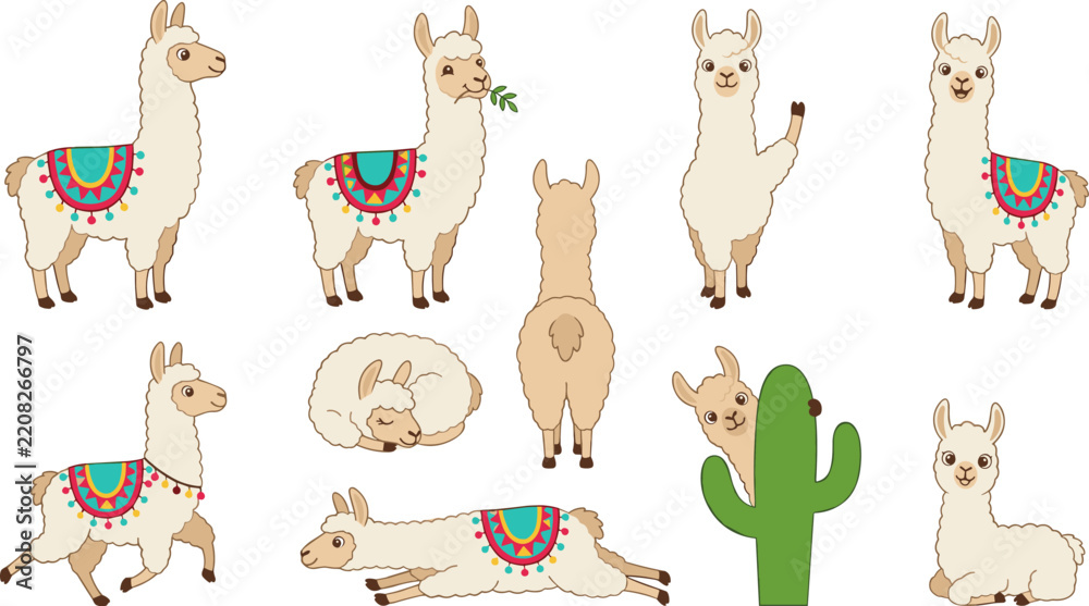 Obraz premium Cute Cartoon Llama and Alpaca Vector Character Set Featuring Various Poses Like Running Sleeping Eating Leaf and Hiding Behind Cactus for Sticker Designs