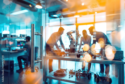 Engineers silhouettes in a futuristic laboratory collaborate on a robotic arm prototype behind a glass wall with reflection and bokeh