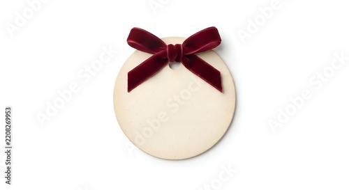  A vintage cream-colored round gift tag tied with a dark red velvet ribbon bow, isolated on a clean white background.
