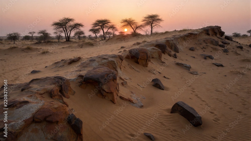 Obraz premium A warm desert sunset casts a golden glow over a sparse landscape of sandy terrain and scattered rocky outcrops, with drought-resistant acacia trees (Acacia tortilis) standing tall.