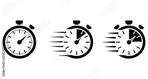 Black and white stopwatch icons illustrating the concept of speed, time, and deadlines