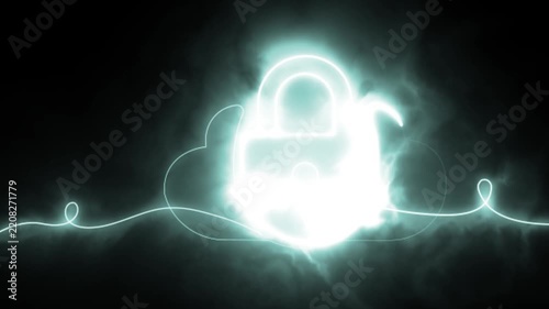 Lock line animation features a glowing padlock and cloud outline drawn with flowing light on a dark background. Seamless 4K motion graphics loop.