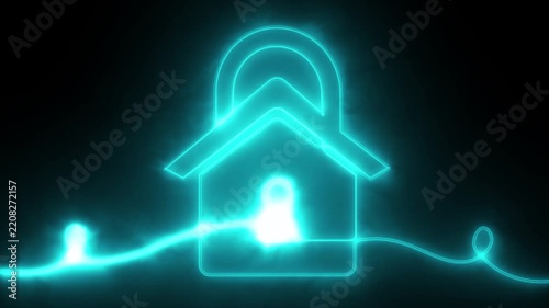 Glowing house lock animation features a cyan neon outline with flowing light motion around a house shaped lock on a dark background. 4K motion graphics.