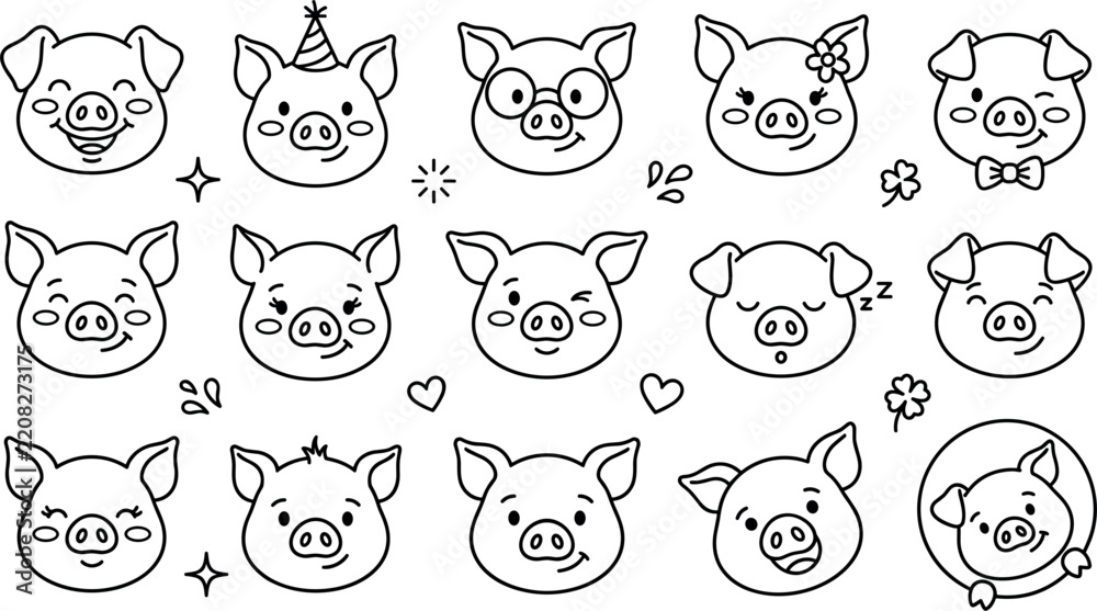 Fototapeta premium Black and white cute pig vector icons set featuring funny cartoon character face outline elements emoji minimalist linear collection
