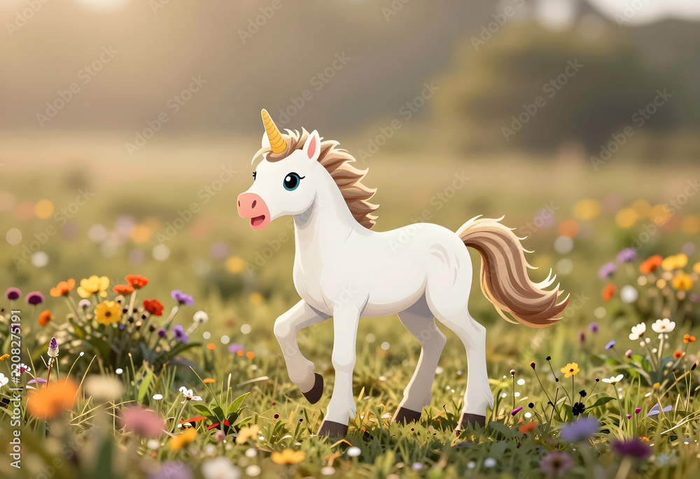 Obraz premium Fantasy and imagination concept, cute cartoon unicorn walking in a sunny spring meadow with colorful wildflowers and soft natural morning light