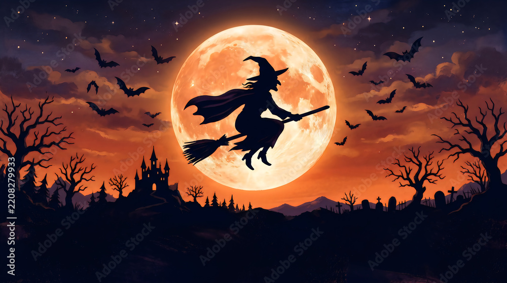 Fototapeta premium Witch riding a broomstick flies across a massive glowing full moon against dark spooky night sky filled with clouds and bats