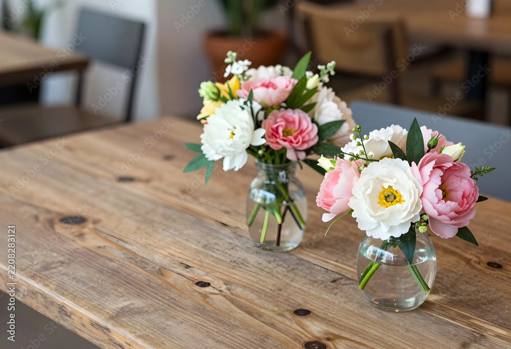Obraz premium Hospitality and interior design, fresh flower bouquets in glass vases on a rustic wooden table in a cafe setting for restaurant decor and ambiance