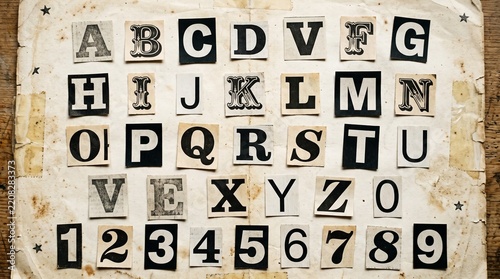 Black and white alphabet letters and numbers cut from paper arranged on a vintage weathered background with placed textured vintage