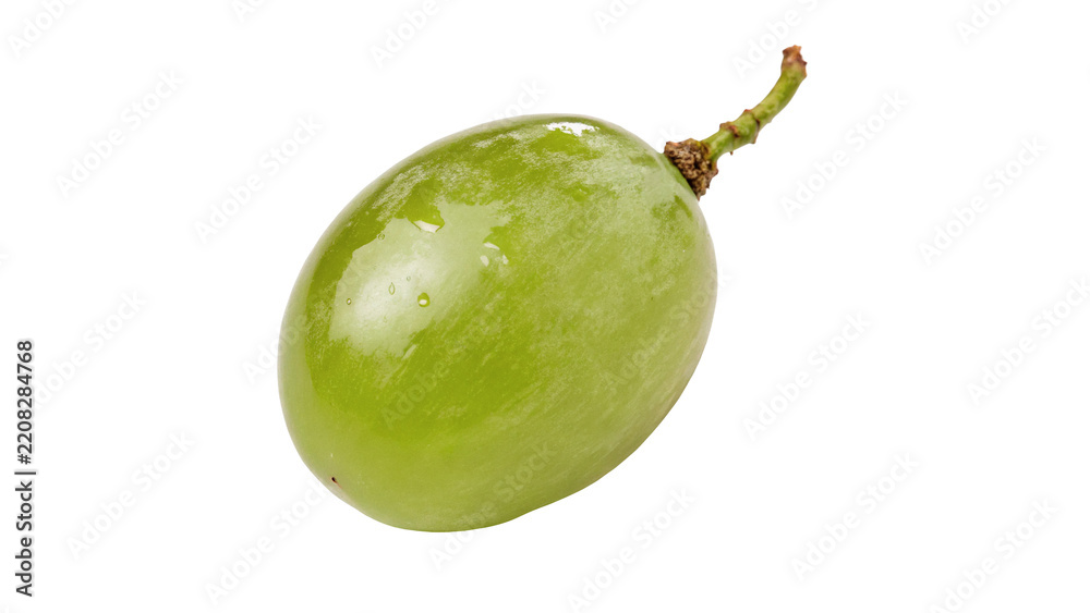 Obraz premium Single ripe green grape with small wooden stem isolated on dark transparent background