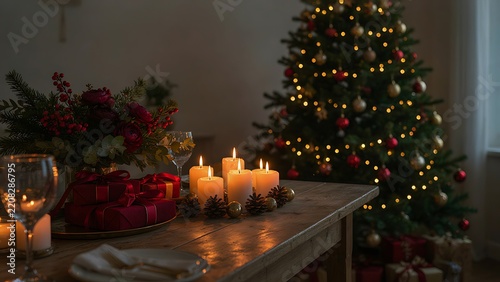 An enchanting Christmas dining experience featuring a detailed table centerpiece with ranunculus flowers and berries surrounded by glowing pillar candles, created with generative AI. 