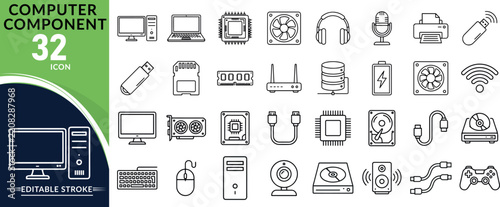 Obraz na plátně computer component line editable icon set