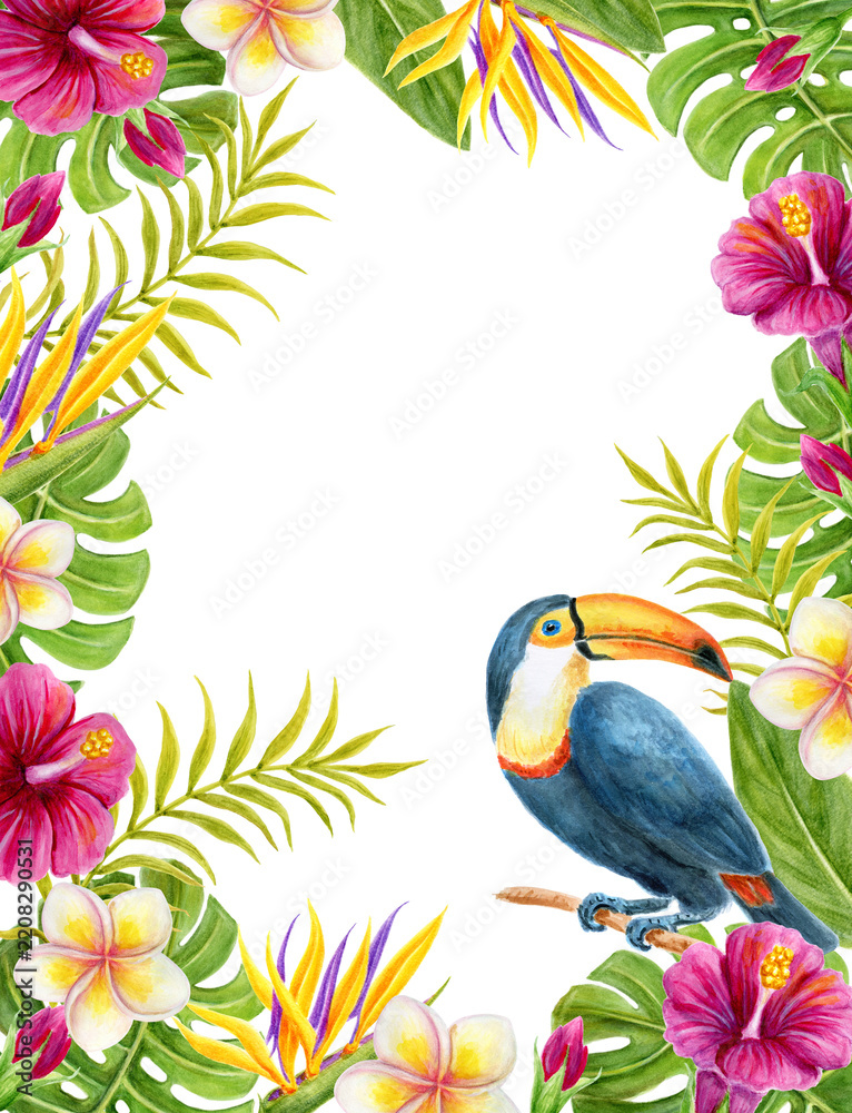 Fototapeta premium Tropical flowers and palm leaves frame with toucan bird. Hand drawn watercolor painting with Hibiscus flowers, frangipani and strelitzia.