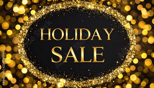 Holiday Sale Golden Glitter Oval Frame on Black Background with Bokeh Lights