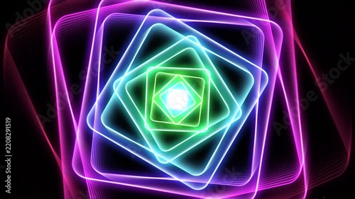 Neon squares pulsate and converge within a dark abstract composition glow shapes luminescence radiance geometric