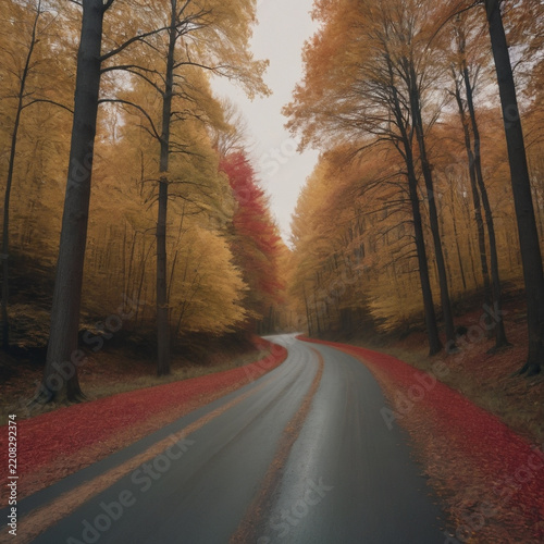 Autumn forest road surrounded by colorful fall foliage