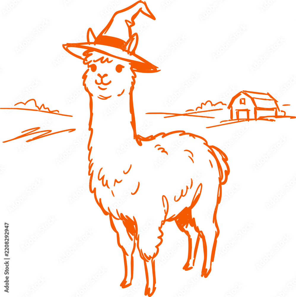 Obraz premium Halloween llama in witch hat standing before rural barn, hand drawn vector illustration