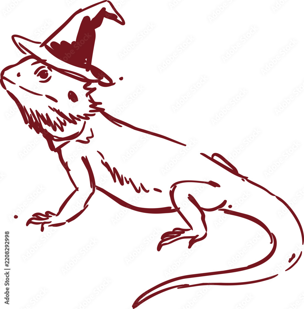 Obraz premium Long-tailed dragon wearing a pointed witch hat for halloween line art illustration