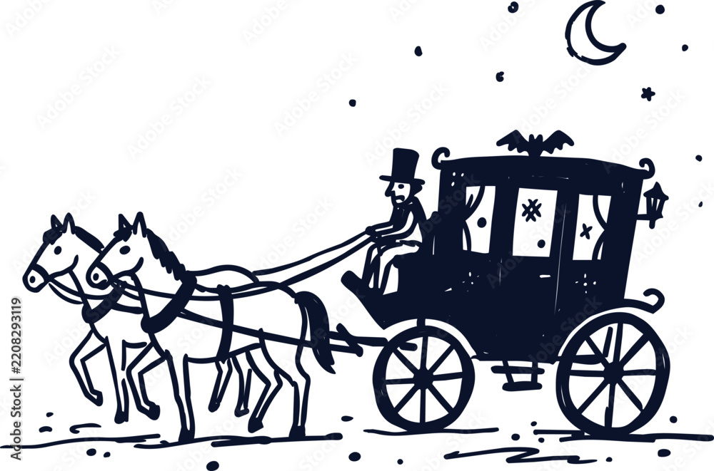 Obraz premium Navy horse-drawn carriage with driver and horses beneath a crescent moon, ink illustration scene
