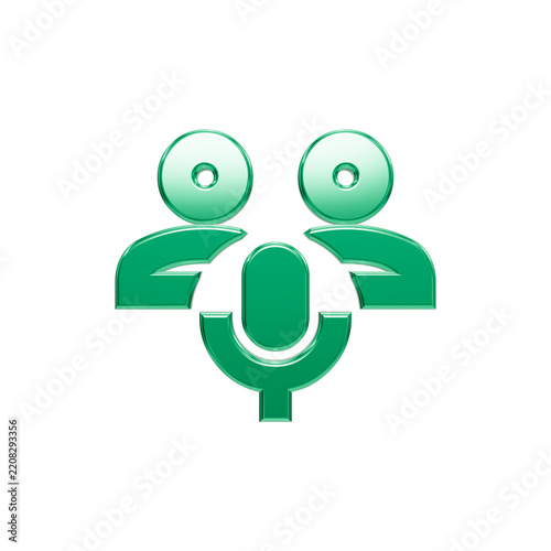 Glossy emerald green icon featuring two stylized human figures flanking a central microphone, symbolizing podcasting, voice chat, group discussions, audio interviews, and digital communication concept