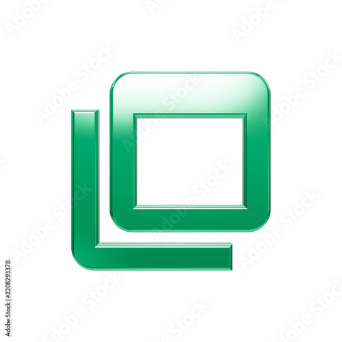 3D metallic green geometric logo icon isolated on black background, featuring overlapping square and L-shaped frame shapes with glossy lighting effects and modern minimalist digital graphic design sty