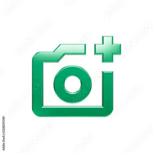 Sleek and modern 3D green camera icon with a plus symbol on a black background, representing photography additions, digital media tools, image capturing features, and creative app interface design