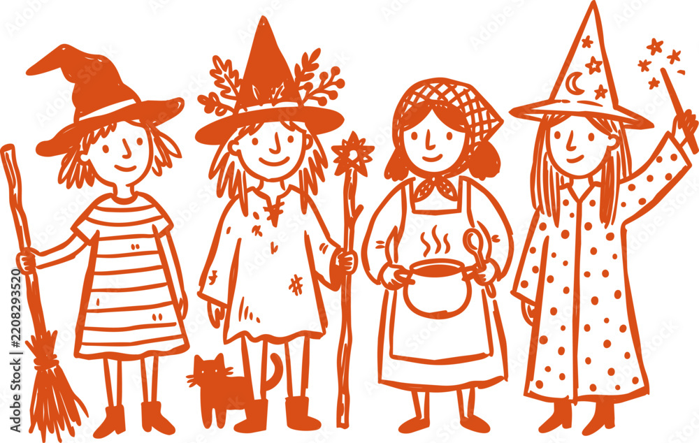 Obraz premium Four halloween witches with broom, potion, wand, and cat hand drawn illustration
