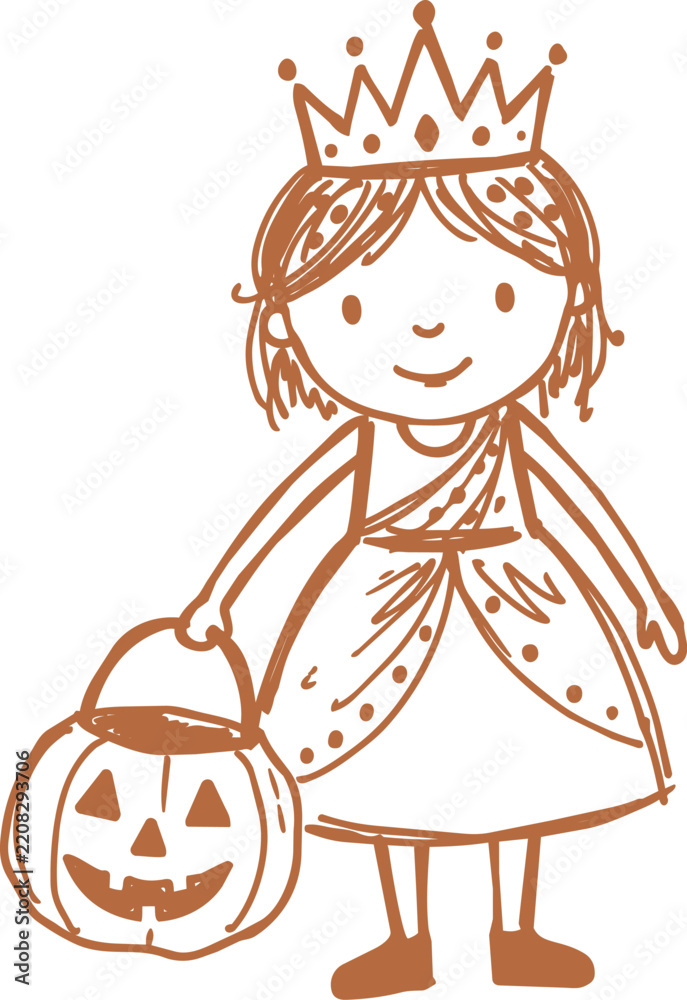 Obraz premium Halloween princess girl holding jack-o'-lantern pumpkin in hand drawn vector character artwork