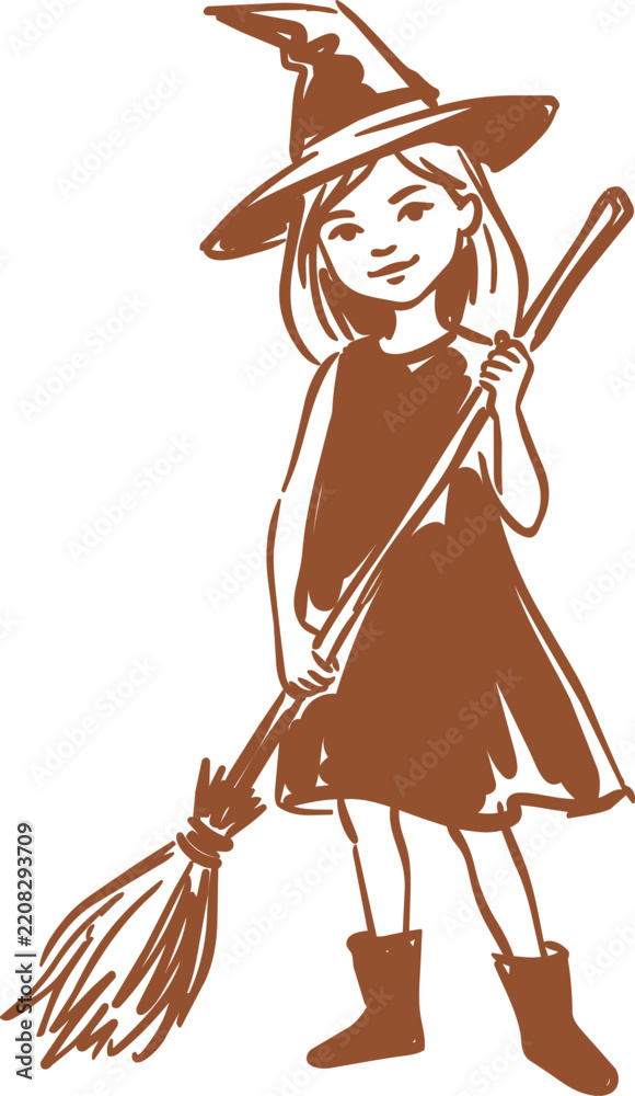 Obraz premium Young witch with broom and wand in hand drawn vector character illustration