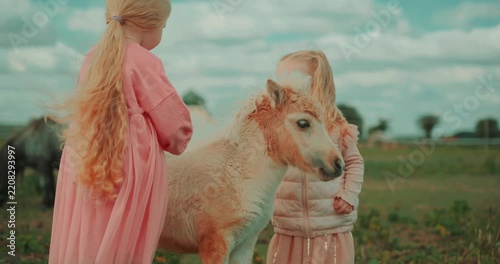 Two young sisters aged two and five gently pet a small pony while spending time together on a horse farm. Sweet childhood moment and close interaction with a friendly animal. High quality 4k footage