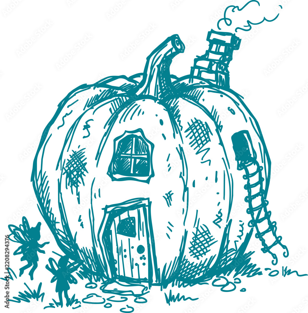 Obraz premium Whimsical pumpkin cottage with chimney smoke and ladder hand drawn illustration
