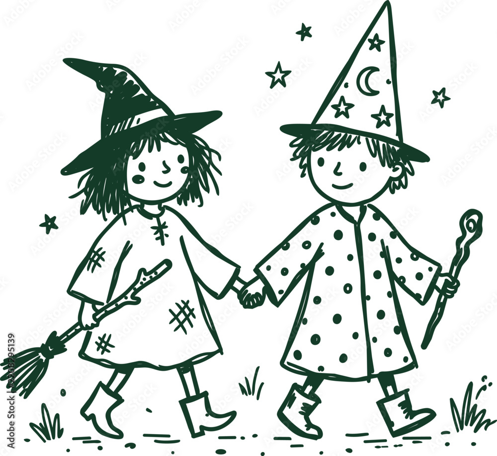 Obraz premium Halloween children walking together with broom and wand in hand drawn illustration