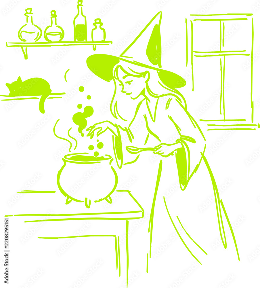 Obraz premium Witch brewing potion in kitchen with cauldron and pointed hat line art