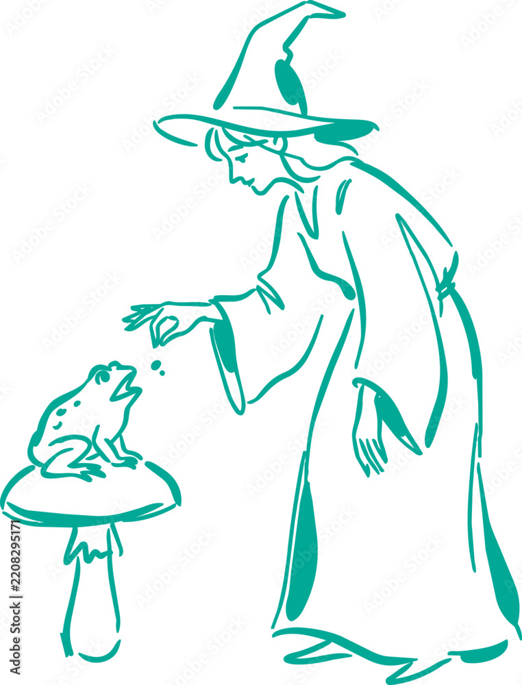 Obraz premium Witch examining frog on stool in teal hand drawn line art scene