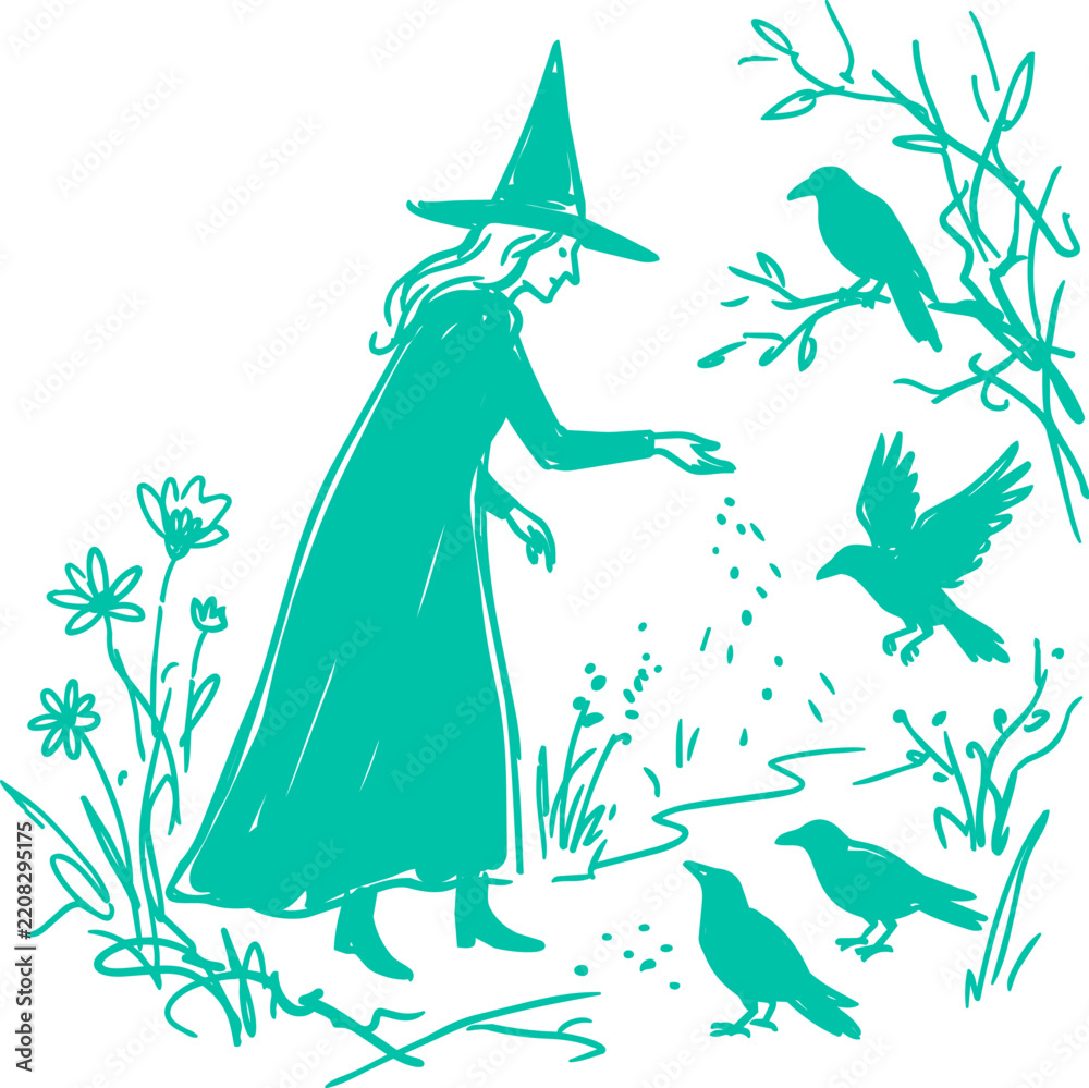 Obraz premium Witch scattering seeds among birds and wildflowers in a monochrome hand drawn illustration