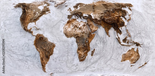 Equal Earth world map, topographic relief map, accurate landmass proportions, exaggerated terrain elevation and physical geography on a textured surface. Detailed 3D-style cartographic representation