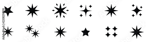 Star Sparkle Shapes, luminous flash effects with shining bursts, glowing twinkles and futuristic decorative vector elements for design