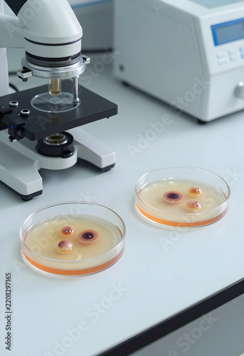 Microbiology research and medical testing, petri dishes with bacterial cultur...
