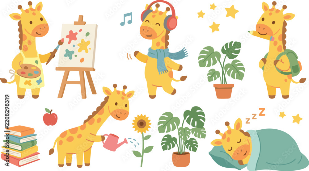 Obraz premium Cute Giraffe Character Daily Activities Vector Set Featuring Little Giraffes Painting, Listening to Music, Going to School, Gardening, and Sleeping