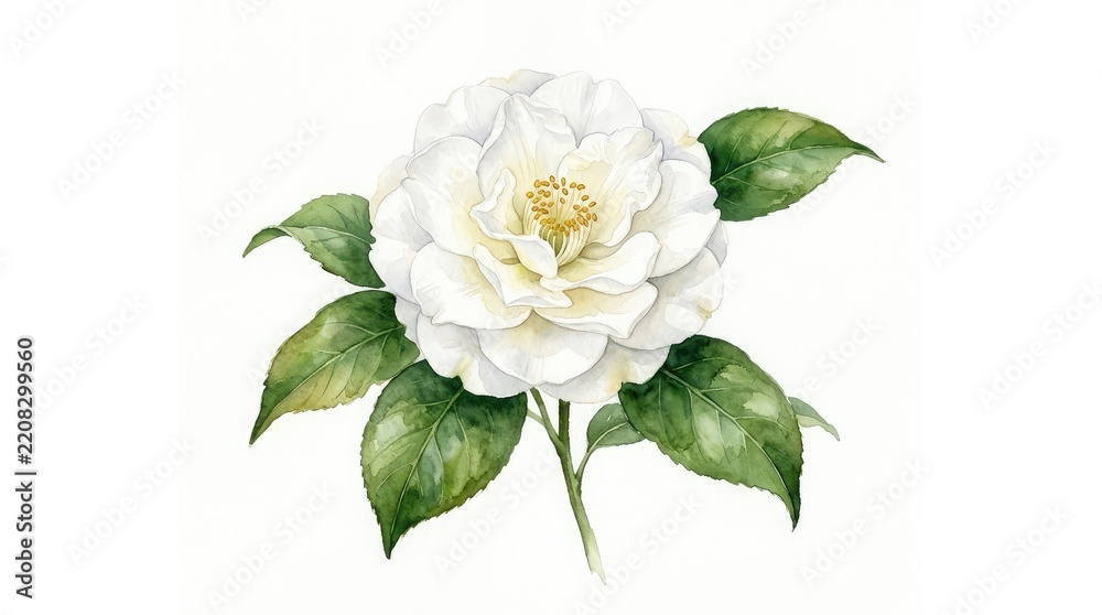 Obraz premium Elegant white camellia flower with green leaves on clean studio background