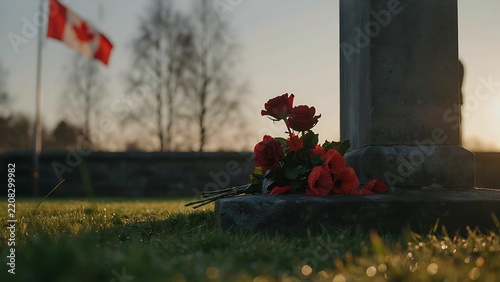 A close-up shot of red poppies placed on a stone pedestal with a blurred Canadian flag waving at sunrise, created with generative ai. 