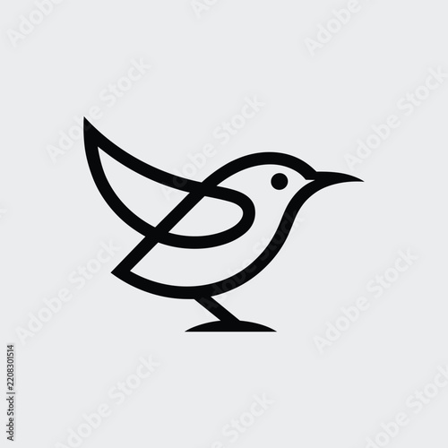 Minimalist black outline vector logo of a cute little bird