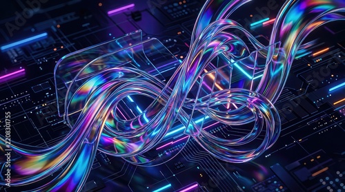 Iridescent glass shapes with neon reflections on circuit board